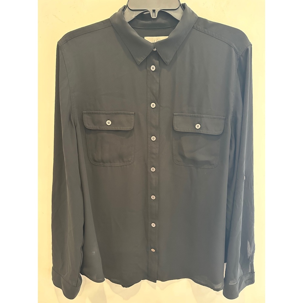LOFT Womens Black Long Sleeve Roll Tab Utility Button Down Blouse Large workwear